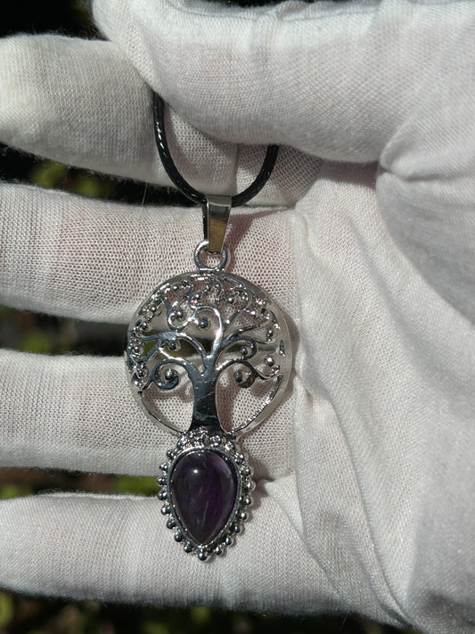 Amethyst Tree of Life Pendant with black cord necklace