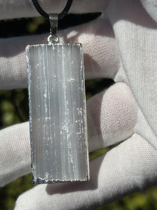 Selenite Silver edged cuboid pendant with black cord necklace